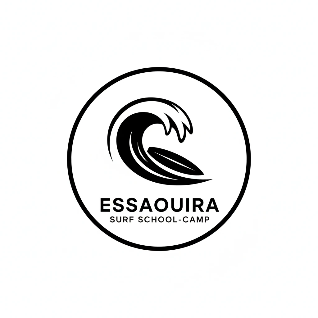 Surf school logo displayed, Essaouira beach centre, surf, kitesurf and camp branding, Morocco