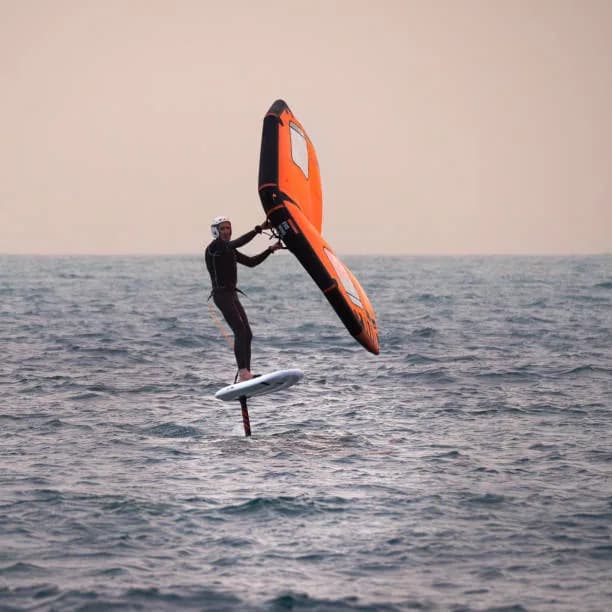 Wingfoil session on flat water, Essaouira bay, wing and foil coaching, Morocco